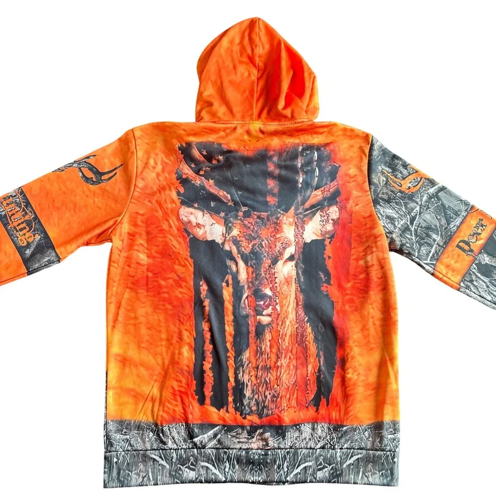 Mens Blaze Orange Camo Deer Hunting‎ Full Zip Hoodie Large